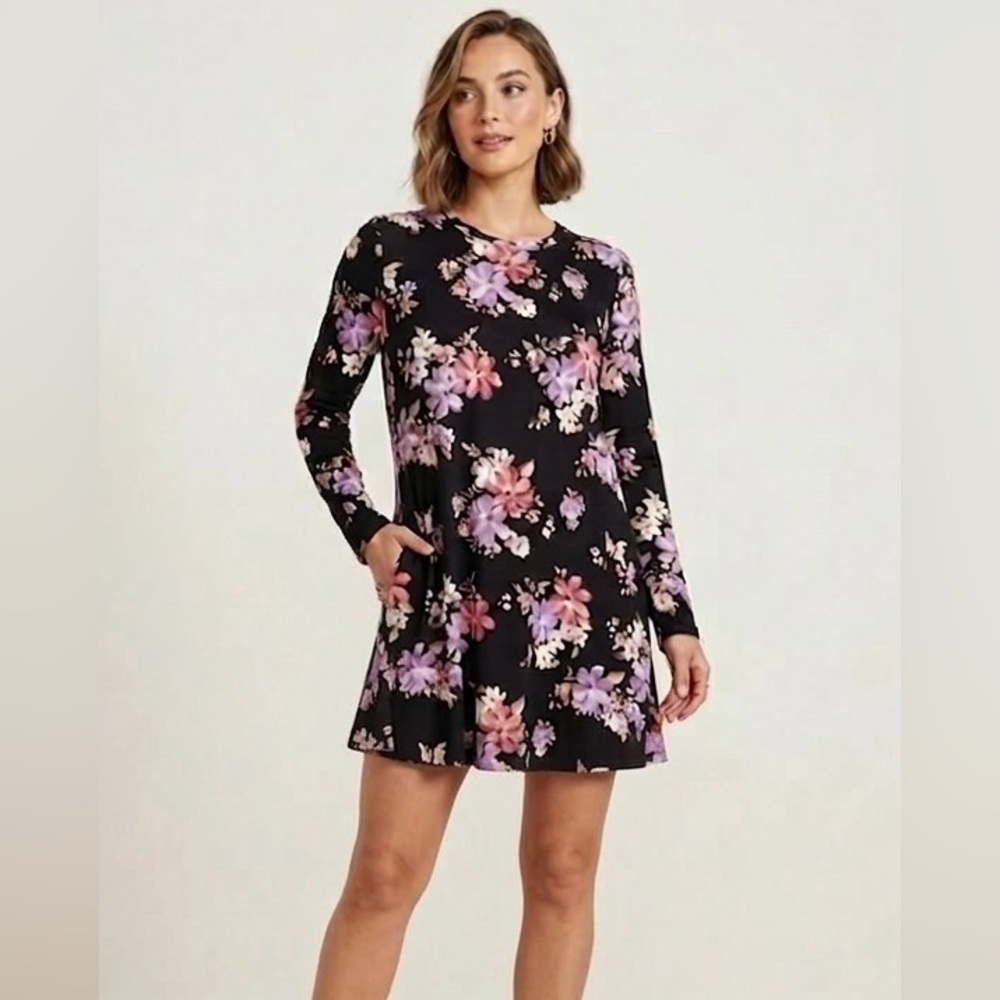 Falls Creek Black Floral Long Sleeve A-line Dress
